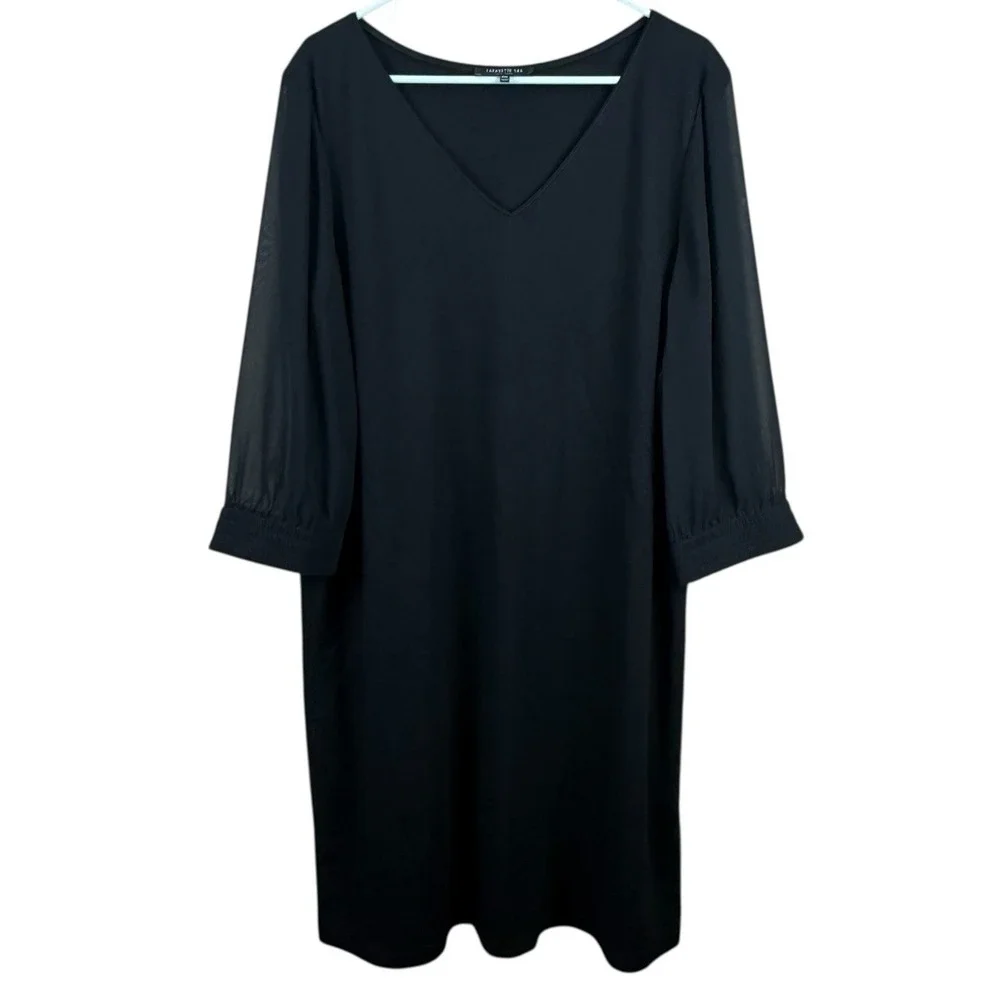 LAFAYETTE‎ 148 Ponte Knit Black Sheer Sleeve Shift Sheath Size XL